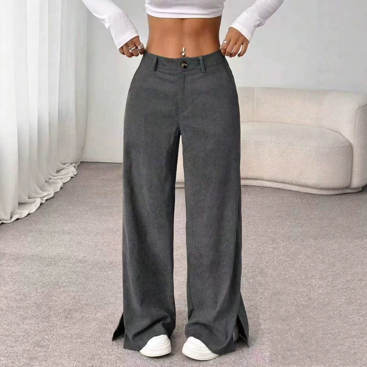 Women's Corduroy Wide Leg Pants Split Hem Casual Trousers