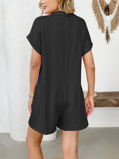 Lapel Button Loose Pocket Short Sleeve Jumpsuit