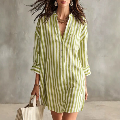 Striped V-Neck Long Sleeve Shirt Dress Casual Loose
