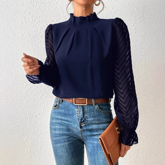 Semi-Turtleneck Spliced Wavy Chiffon Long-Sleeve Top