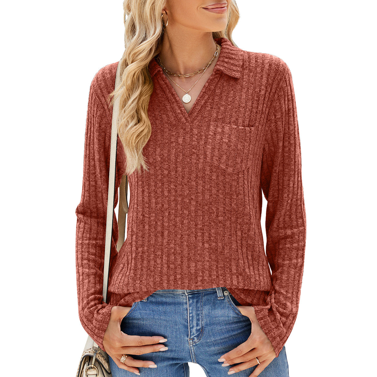 Women's Oversized Collared Long Sleeve Pocket Top