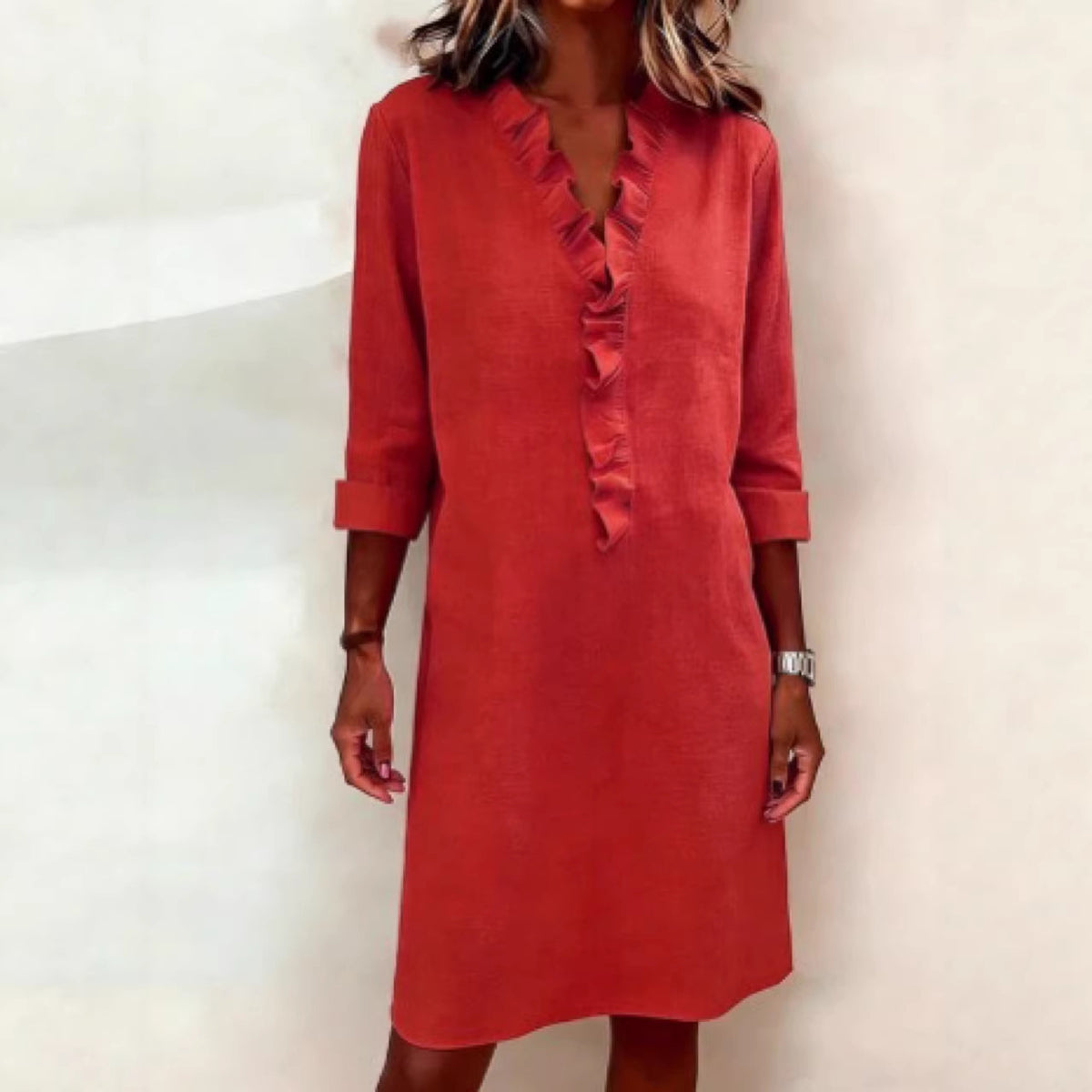 Women's Ruffle V-Neck Linen Blend Long Sleeve Tunic Dress