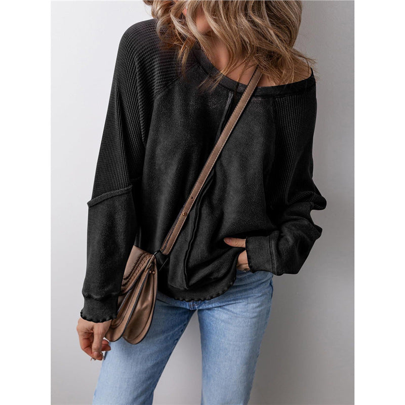 Oversized Patchwork Waffle Knit Crewneck Sweatshirt