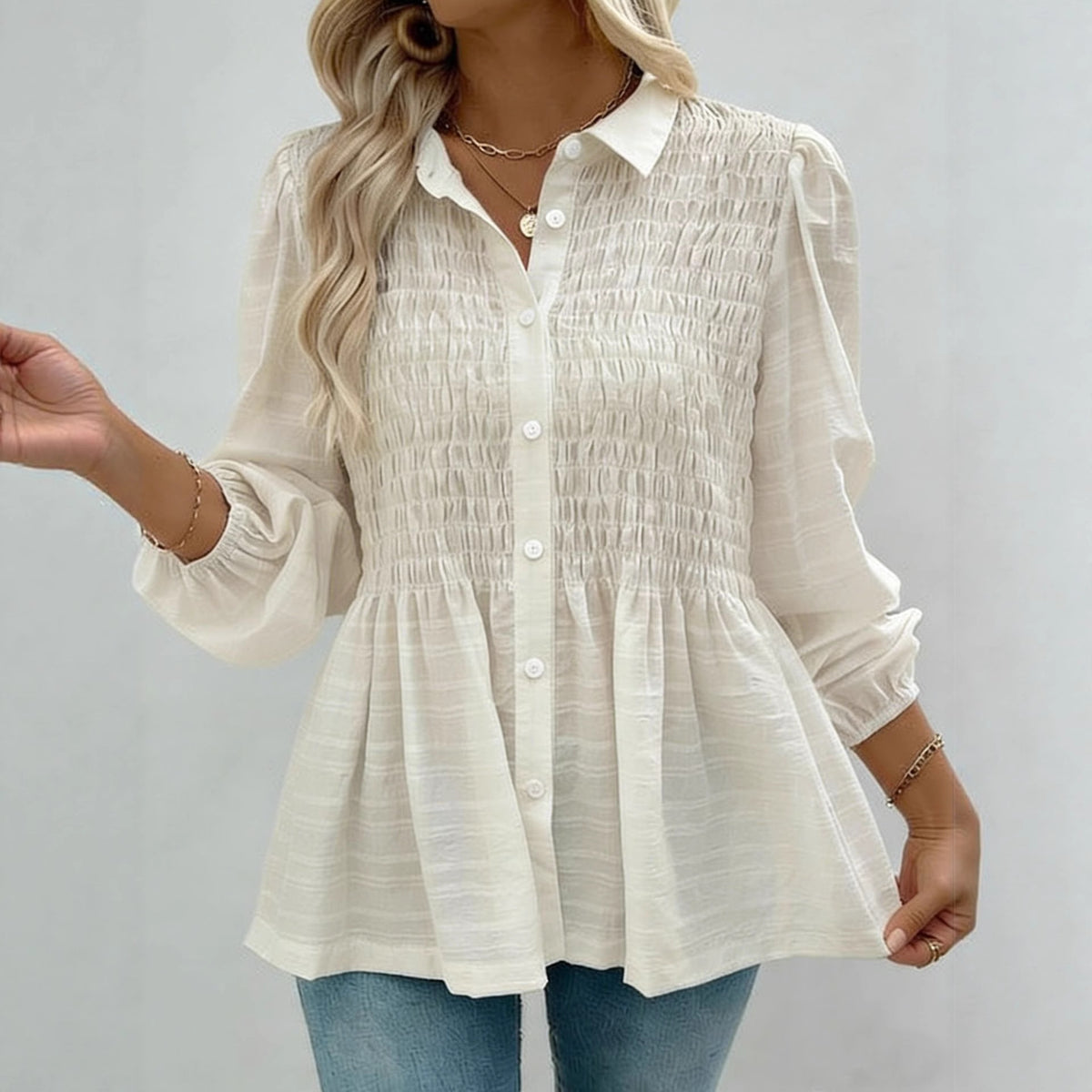 Women's Smocked Puff Sleeve Button Front Peplum Blouse