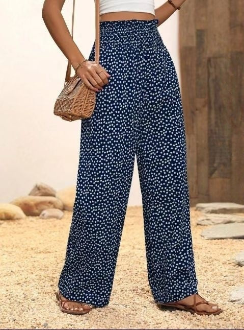 Women's Polka Dot Elastic Waist Wide Leg Casual Pants