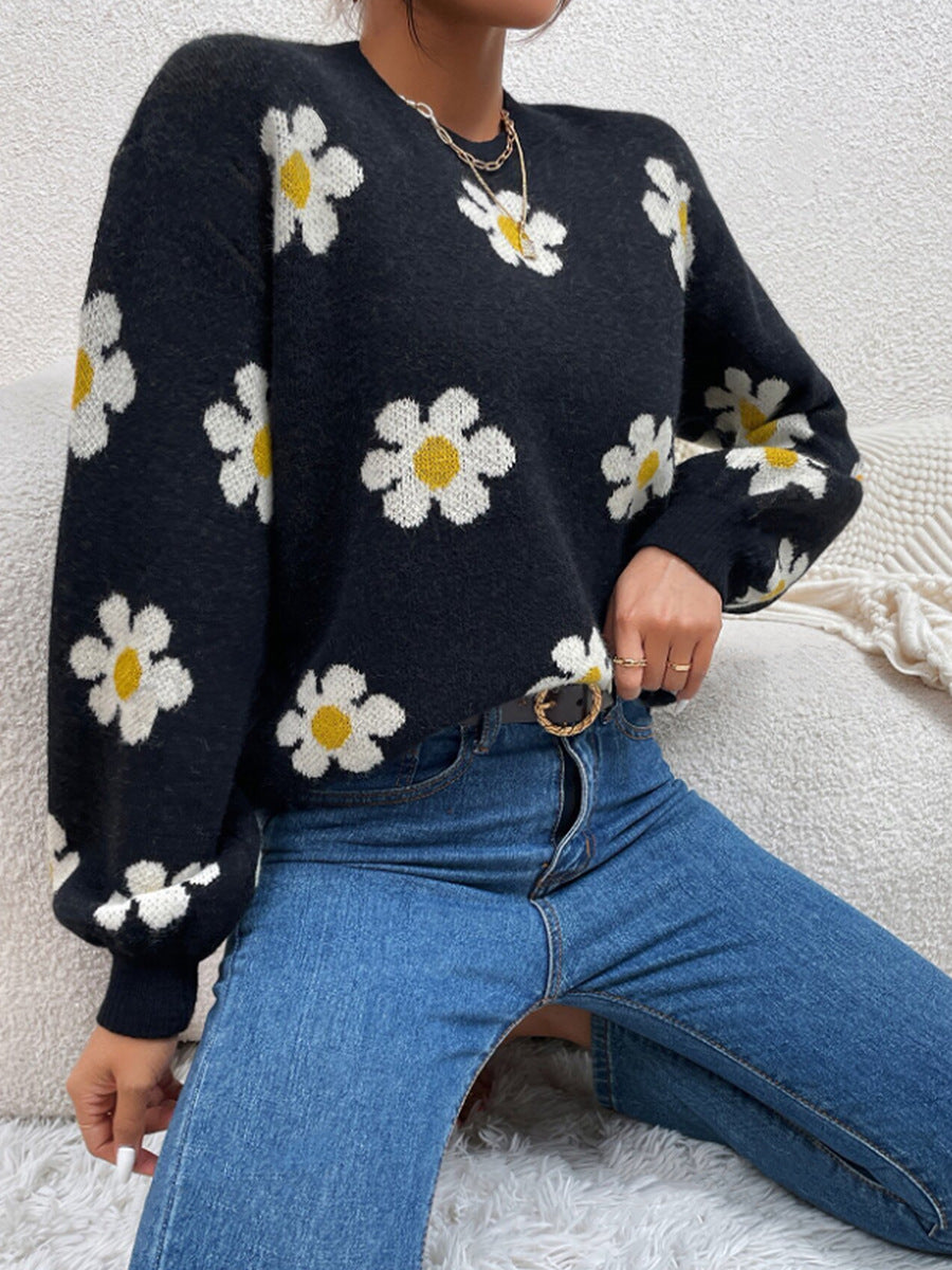 Women's Daisy Floral Long Sleeve Crew Neck Knit Sweater