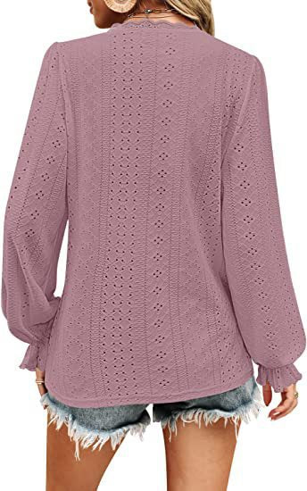 Women's V Neck Lace Long Sleeve Blouse Tunic Top