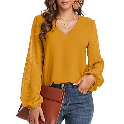 Women's V-Neck Chiffon Blouse Textured Puff Sleeve Top