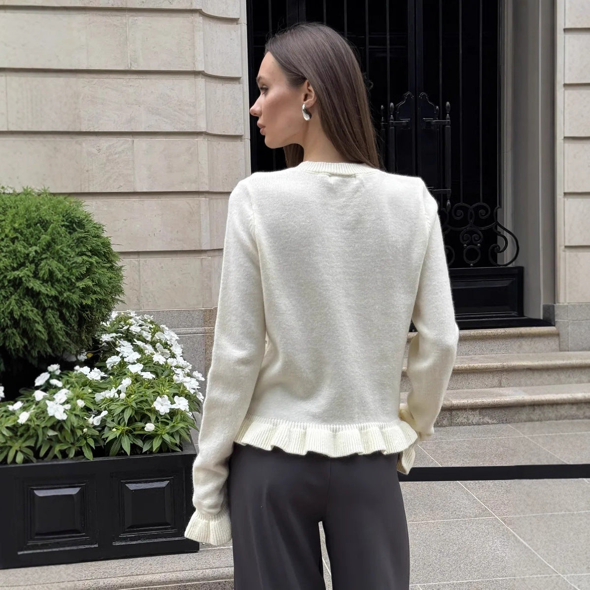 Ruffle Trim Knit Cardigan Button Front Long Sleeve Sweater