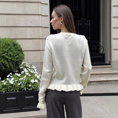 Ruffle Trim Knit Cardigan Button Front Long Sleeve Sweater