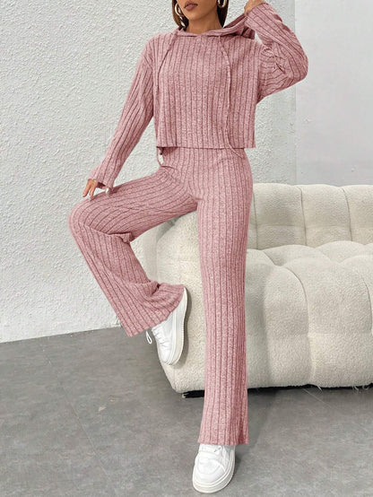 Women's Ribbed Knit Hoodie Wide Leg Pants Lounge Set
