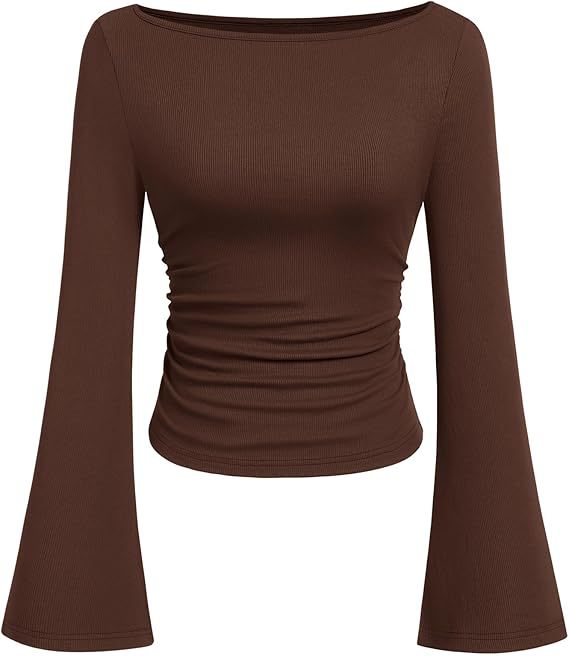 Women's Ruched Boat Neck Bell Sleeve Ribbed Top