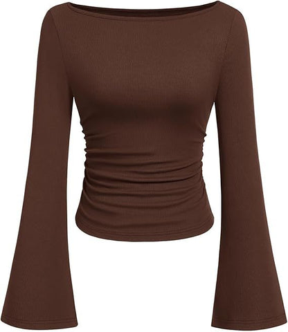 Women's Ruched Boat Neck Bell Sleeve Ribbed Top