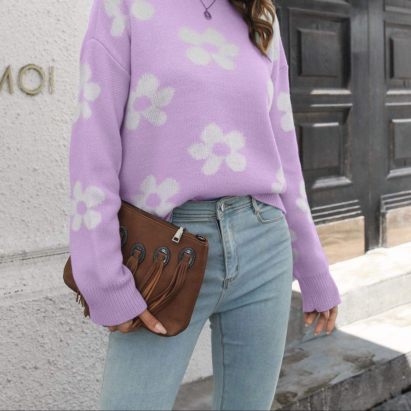 Women's Oversized Floral Jacquard Crew Neck Sweater