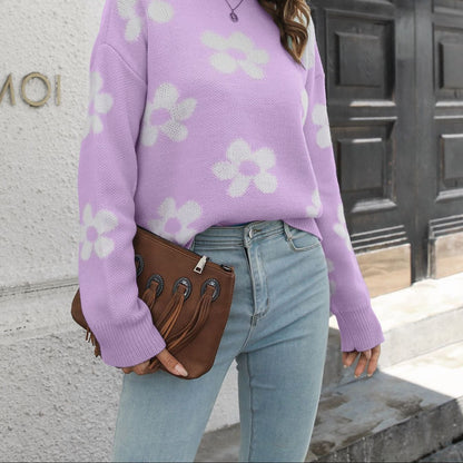 Women's Oversized Floral Jacquard Crew Neck Sweater