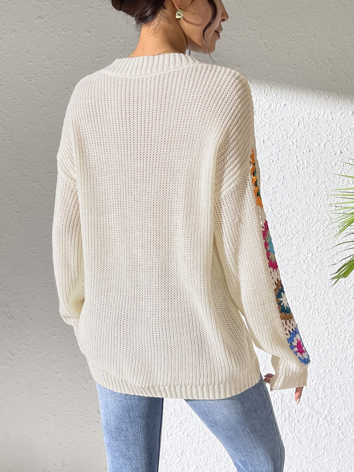 Fall/Winter Casual Loose V-Neck Crochet Floral Sweater