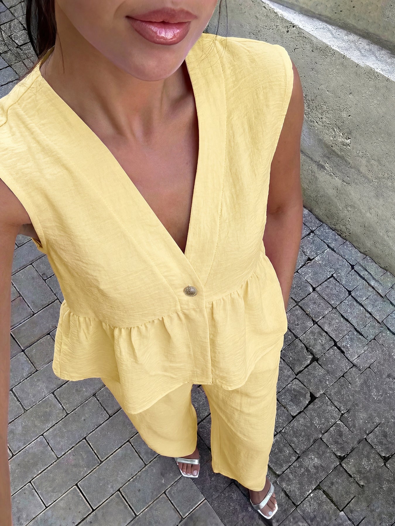 Faux Linen Peplum Vest Wide Leg Pants Matching Set