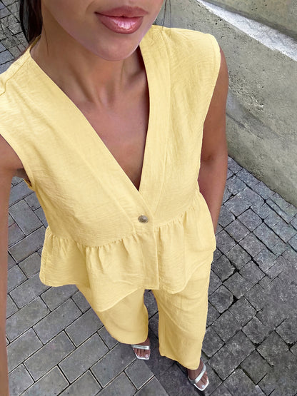 Faux Linen Peplum Vest Wide Leg Pants Matching Set