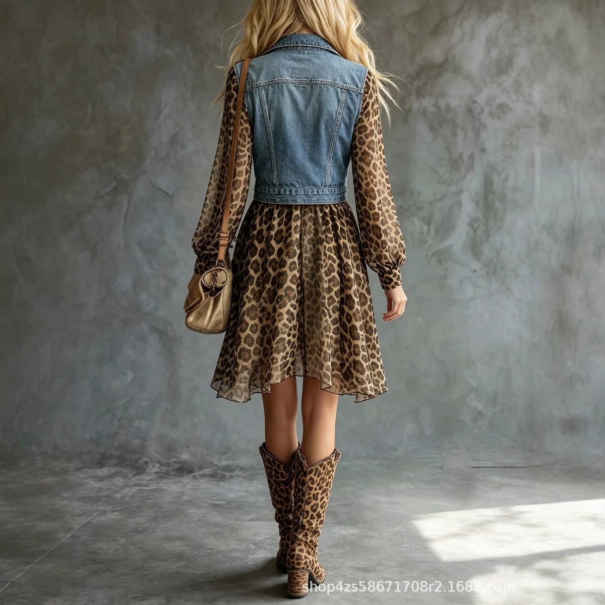 Leopard Chiffon Denim Patchwork Long Sleeve Dress