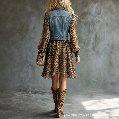Leopard Chiffon Denim Patchwork Long Sleeve Dress