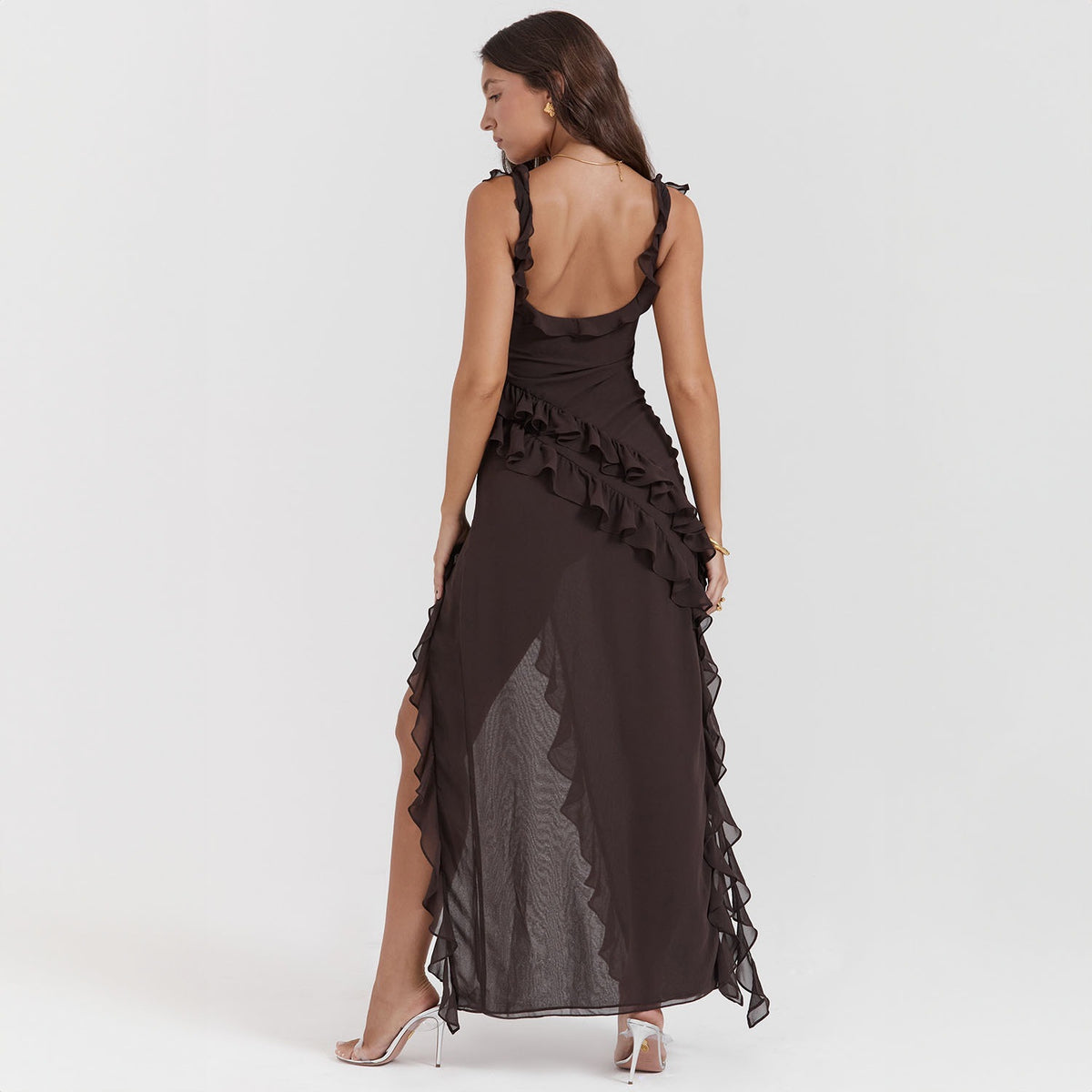 Women's Sexy Ruffle Maxi Dress Square Neck High Slit