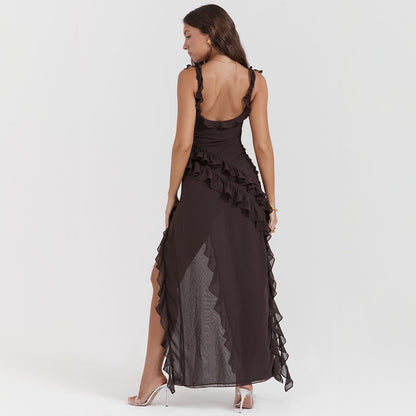 Women's Sexy Ruffle Maxi Dress Square Neck High Slit