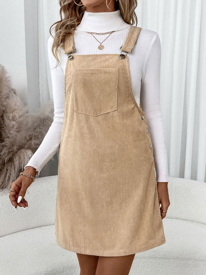 Women's Corduroy Overall Pinafore Khaki Dress with Pocket