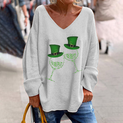 Women's St. Patrick's Day V-Neck Long Sleeve Oversized Tee