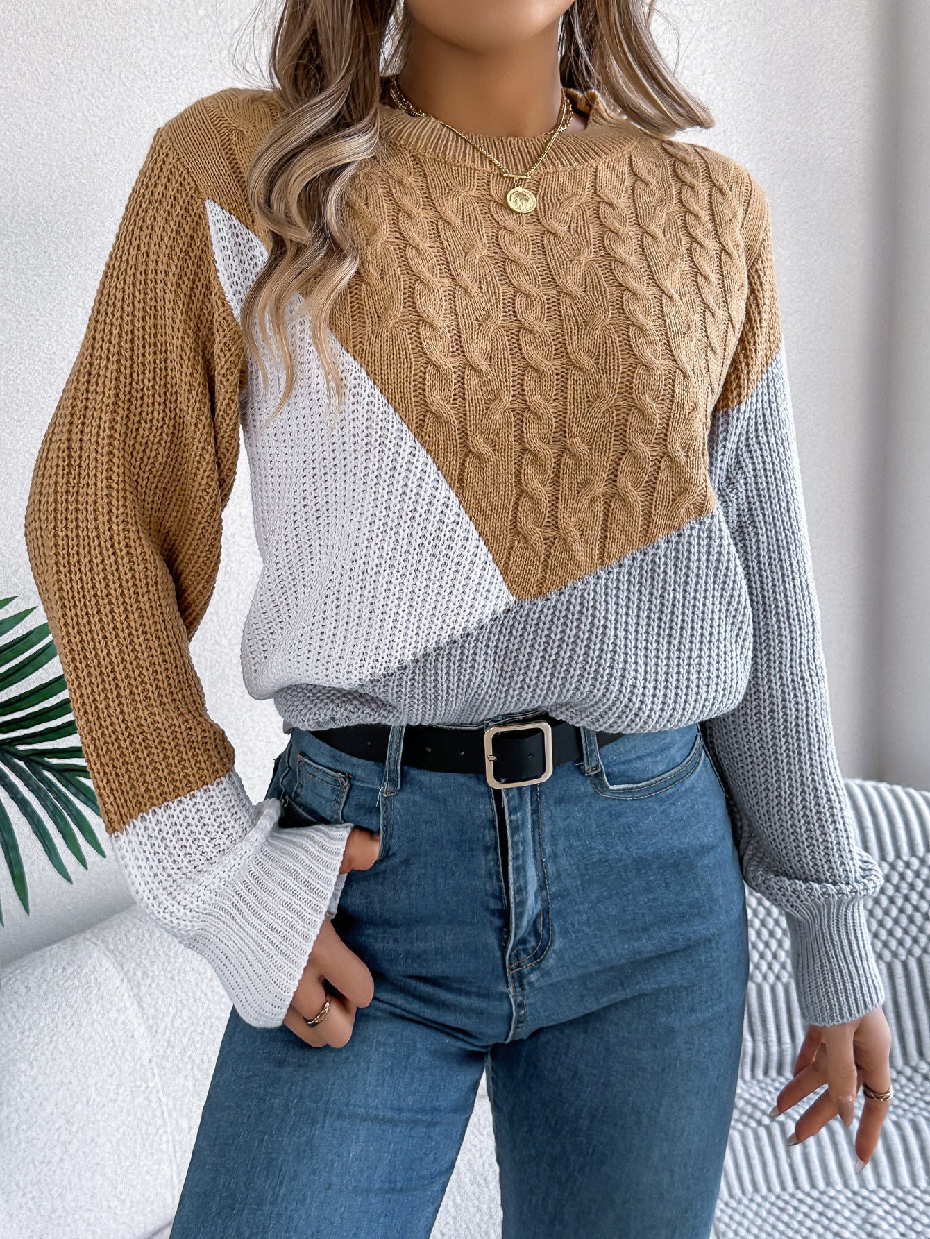 Colorblock Cable Knit Sweater – Casual Fall Winter Pullover
