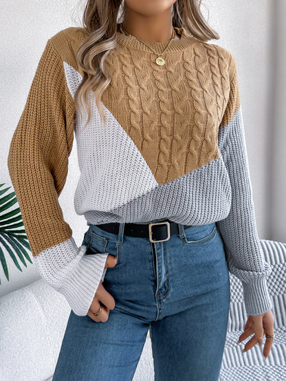Colorblock Cable Knit Sweater – Casual Fall Winter Pullover