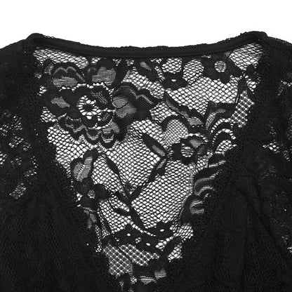 Black Lace Bodysuit V Neck Long Sleeve Sexy Top