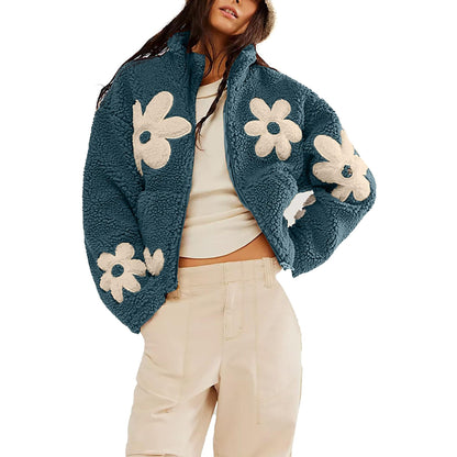 Oversized Floral Sherpa Zip-Up Fleece Jacket
