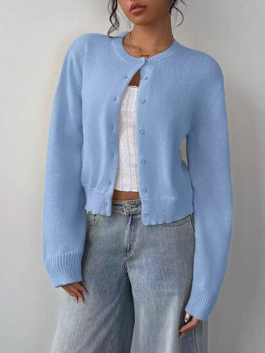 Women Cropped Knit Cardigan Long Sleeve Button Front Loose