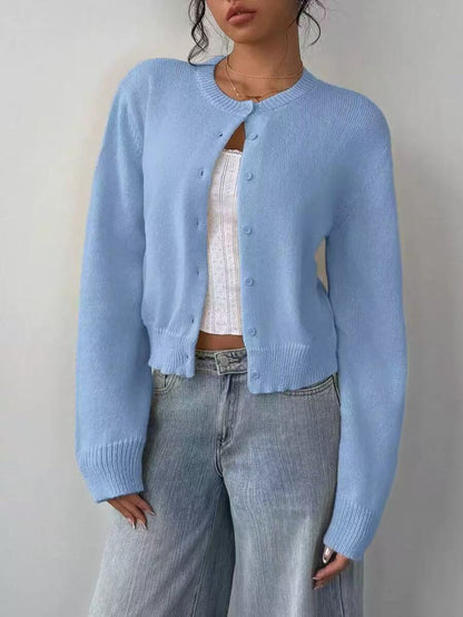 Women Cropped Knit Cardigan Long Sleeve Button Front Loose