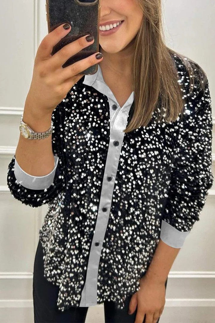 Sequin Button Down Shirt Long Sleeve Loose Casual Top