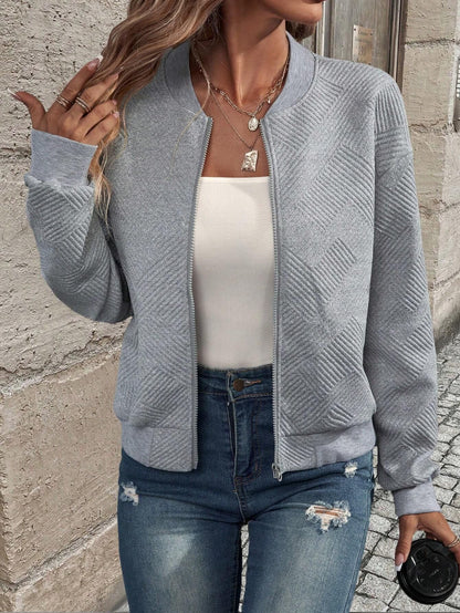Solid quilted bomber jacket zip front relaxed fit