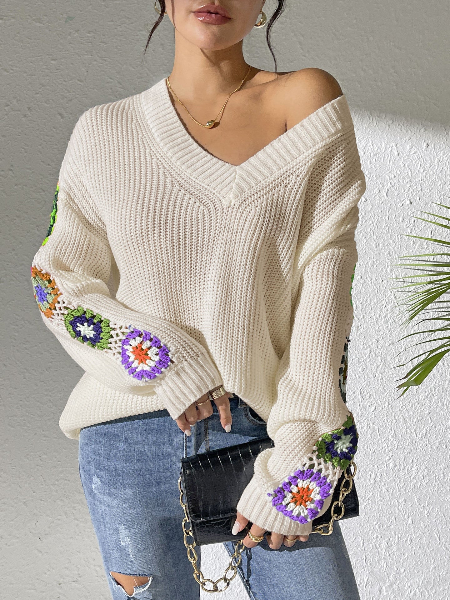 Fall/Winter Casual Loose V-Neck Crochet Floral Sweater
