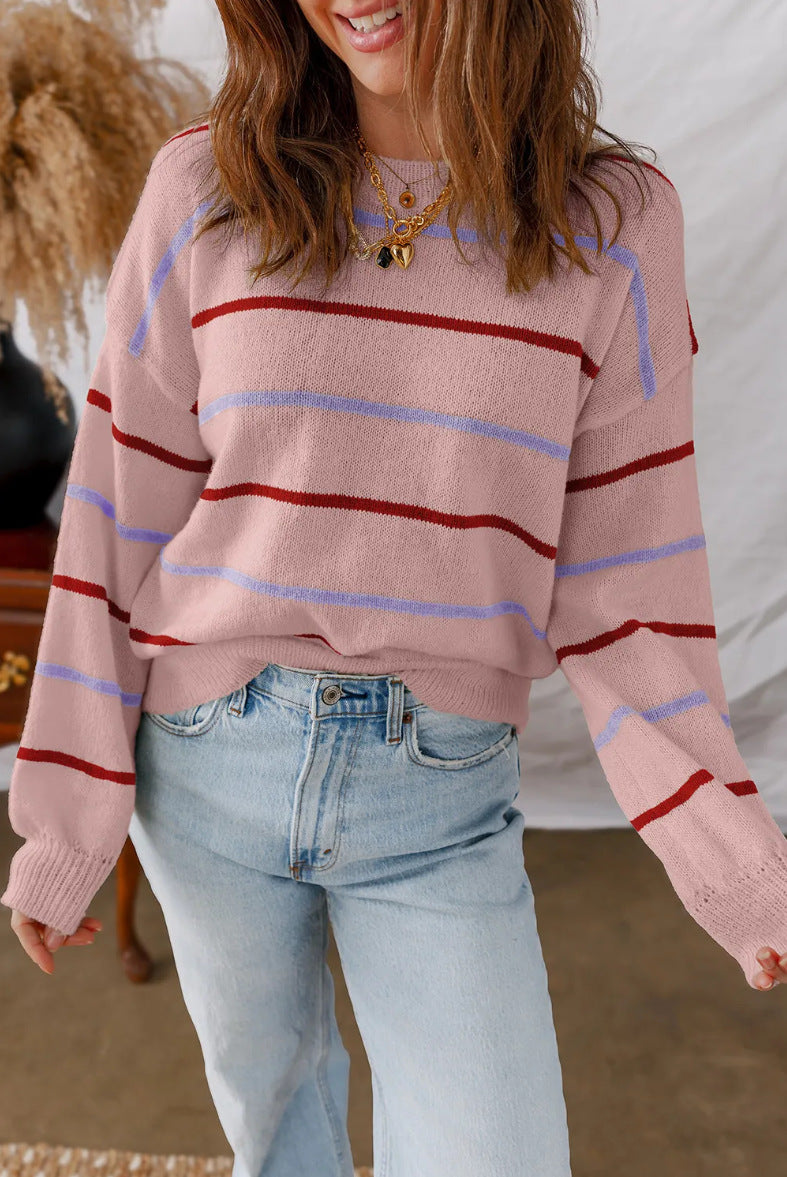 Striped Knit Crewneck Long Sleeve Casual Sweater