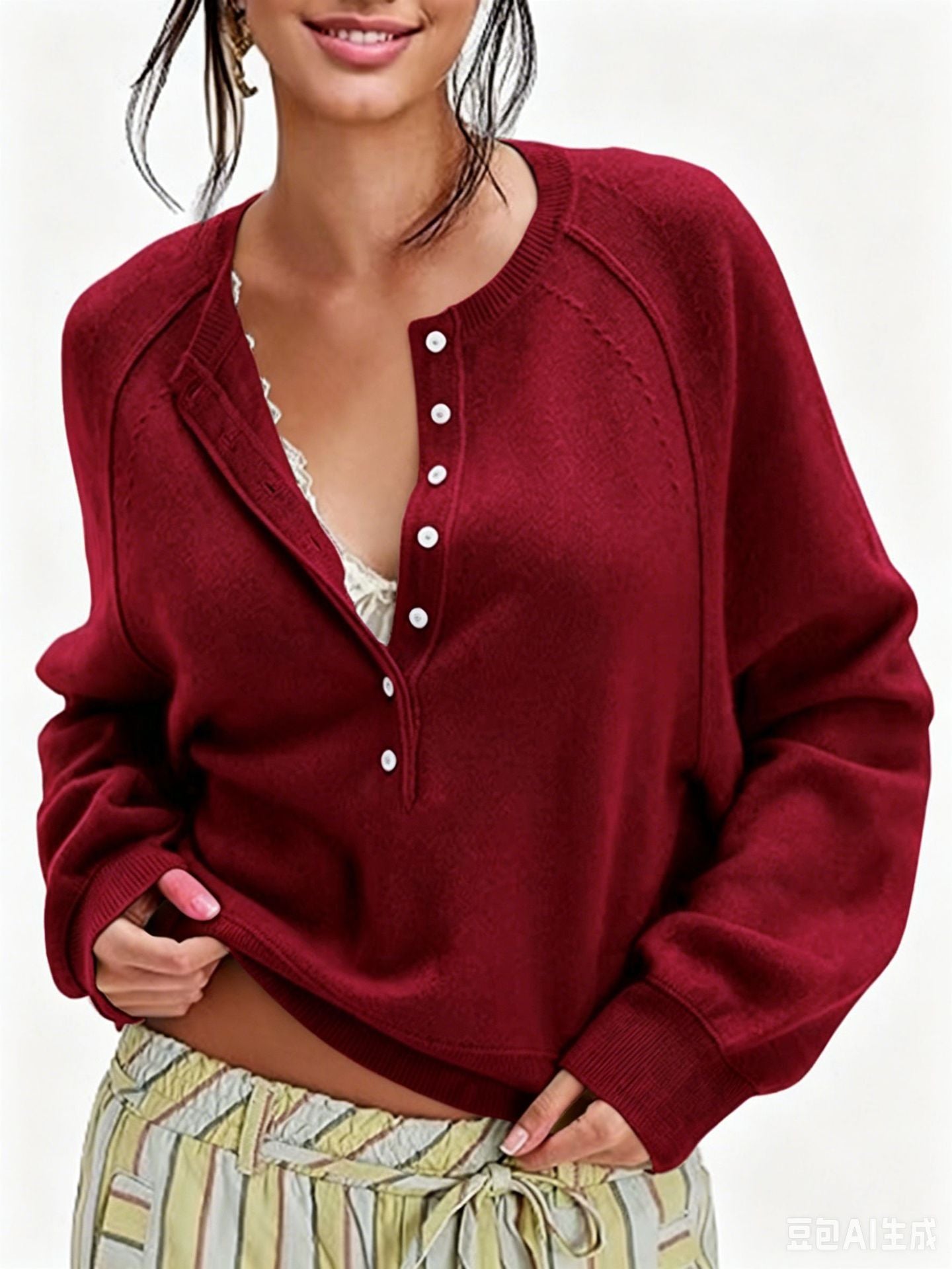 Women's Henley Button Front Knit Pullover Sweater