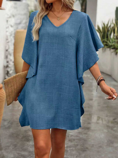 Flowy V-Neck Ruffle Sleeve Summer Dress Loose Fit