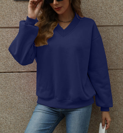 Colorblock V Neck Fleece Sweatshirt Women Casual Pullover Top