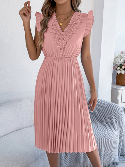 Lace V Neck Pleated Midi Dress with Ruffle Sleeves