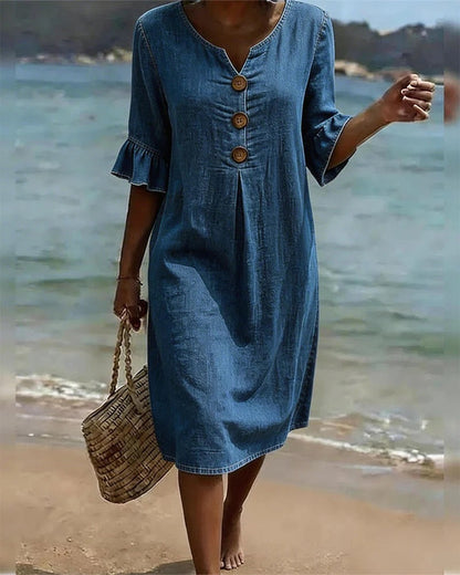 Women's Linen V-Neck Button Ruffle Sleeve Midi Dress