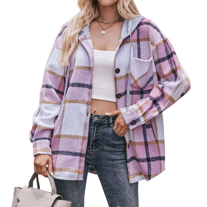 Plaid Hooded Shacket Jacket Oversized Fall Layering Coat