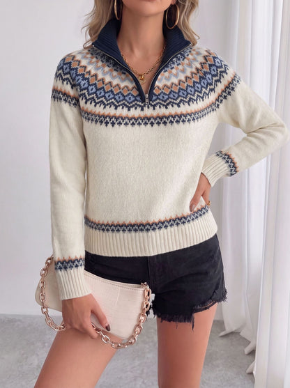 Women's Oversized Fair Isle Zip Turtleneck Sweater