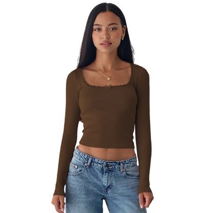 Slim Lace Splicing U-neck Long Sleeve Top - Trendy T-shirt