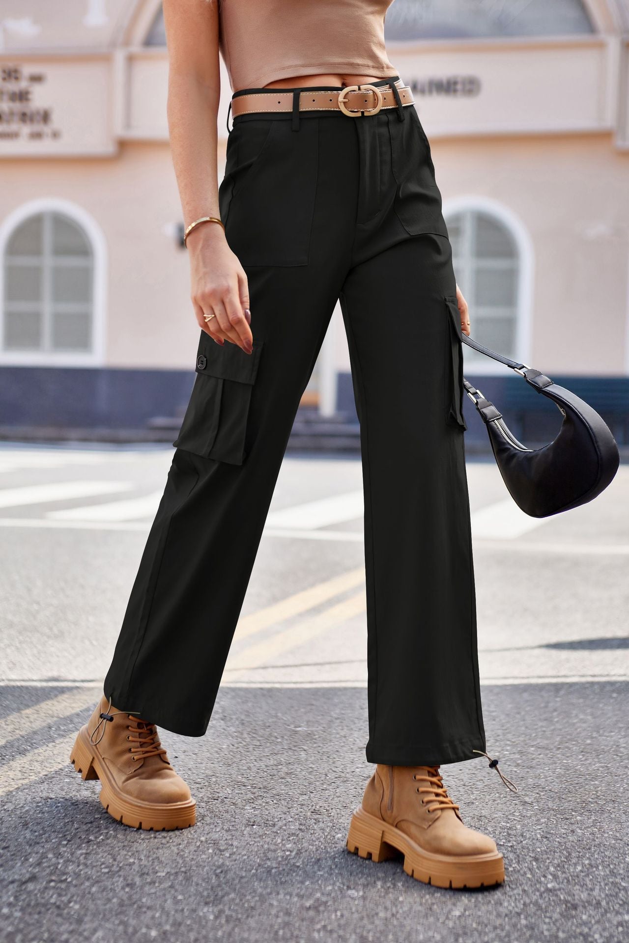 Women's High-Waisted Cargo Pants - Utility Workwear with Pockets