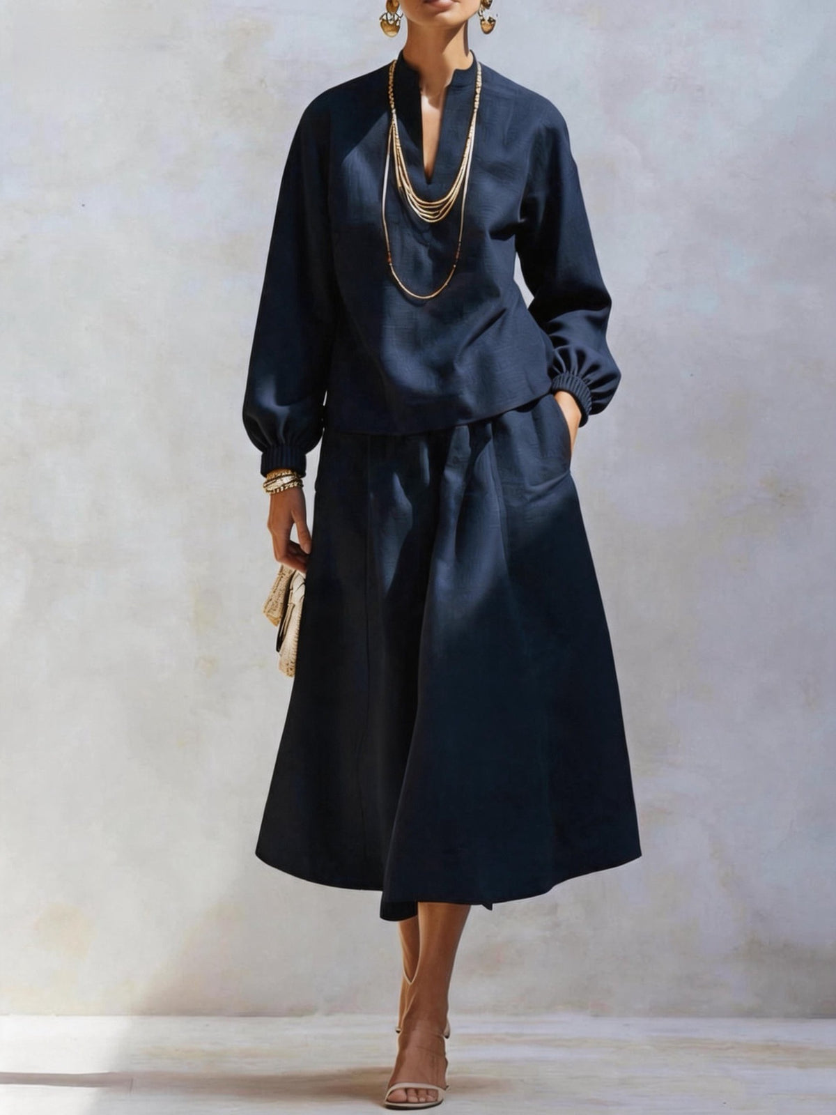 Women's Elegant V Neck Knit Top Midi Skirt Two Piece Set