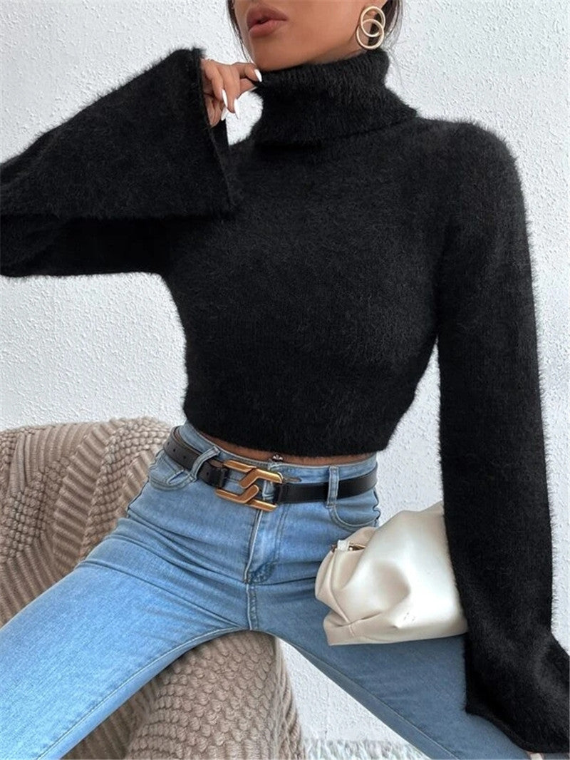 Women's Y2K Fuzzy Cropped Turtleneck Sweater