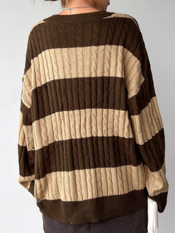 Women's Oversized V-Neck Striped Cable Knit Sweater